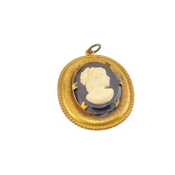 Victorian Revival Cameo Pendant Brooch Brass Oval Black and Cream - Picture 4 of 7